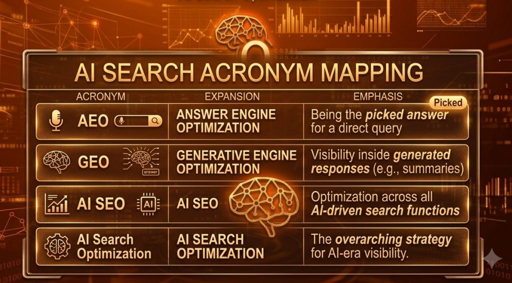 aeo vs geo vs ai seo vs ai search optimization - quick explanation