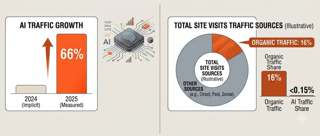 graphics showing the results of a semrush share on ai versus organic traffic growth and share