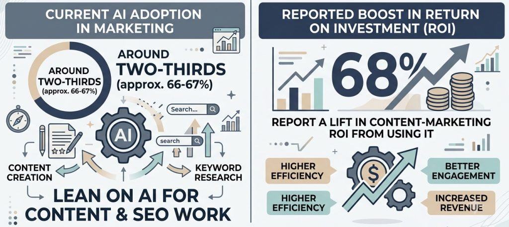 infographics summarizing semrush's study on AI adoption and ROI return in marketing