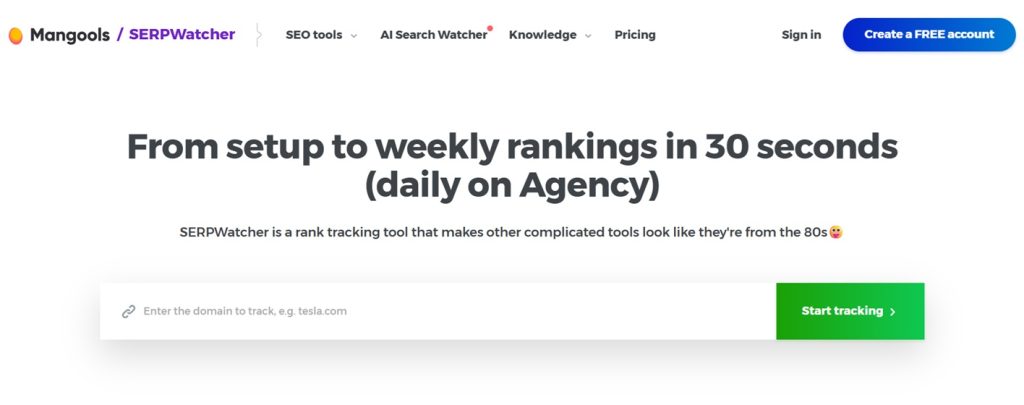 screenshot of the landing page of serpwatcher by mangools