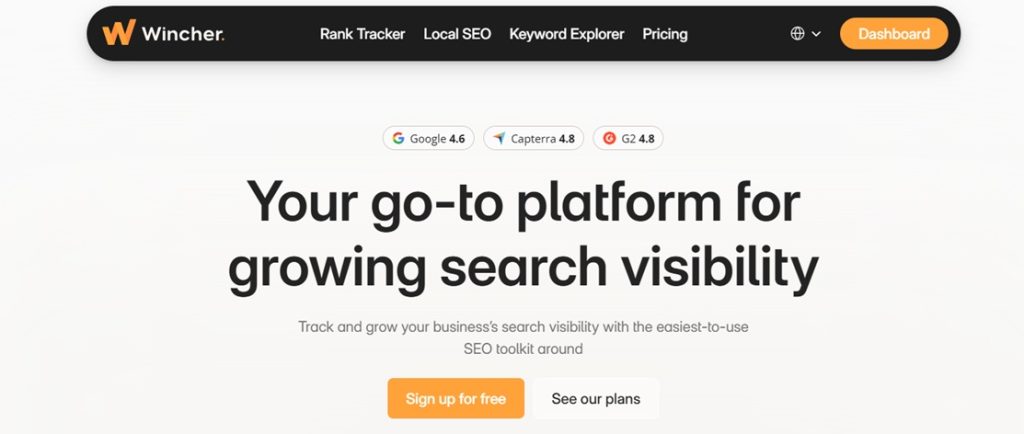 screenshot of wincher's homepage